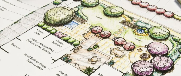 Landscape design plan with colorful illustrations.