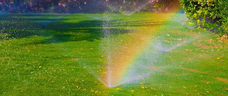 Sprinkler creating a rainbow over green lawn.