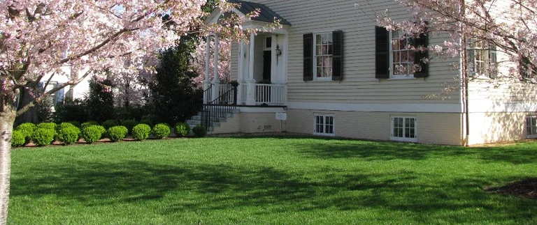 House with blooming trees and green lawn.