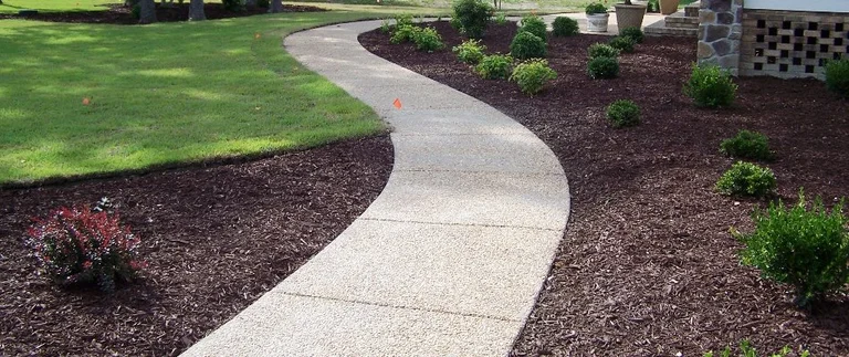 Curved pathway through landscaped garden with shrubs.