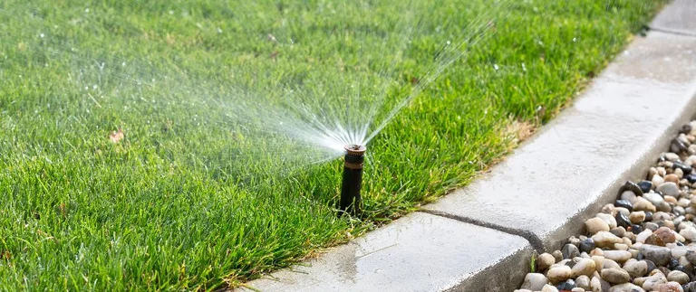 Lawn sprinkler watering grass beside pavement.