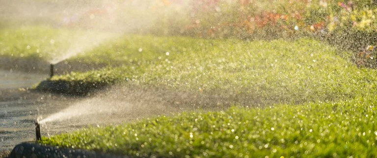 Sprinklers watering a green lawn in sunlight.