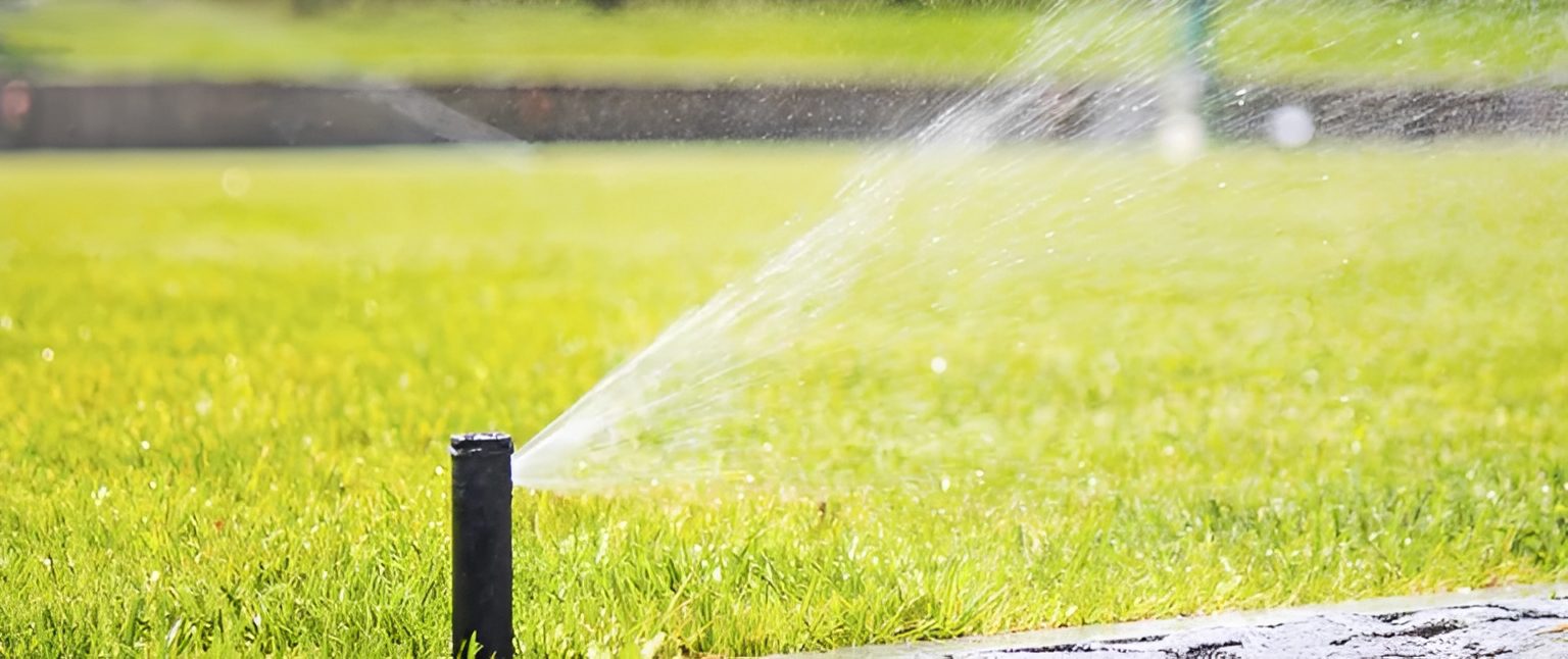 Lawn sprinkler watering green grass area.