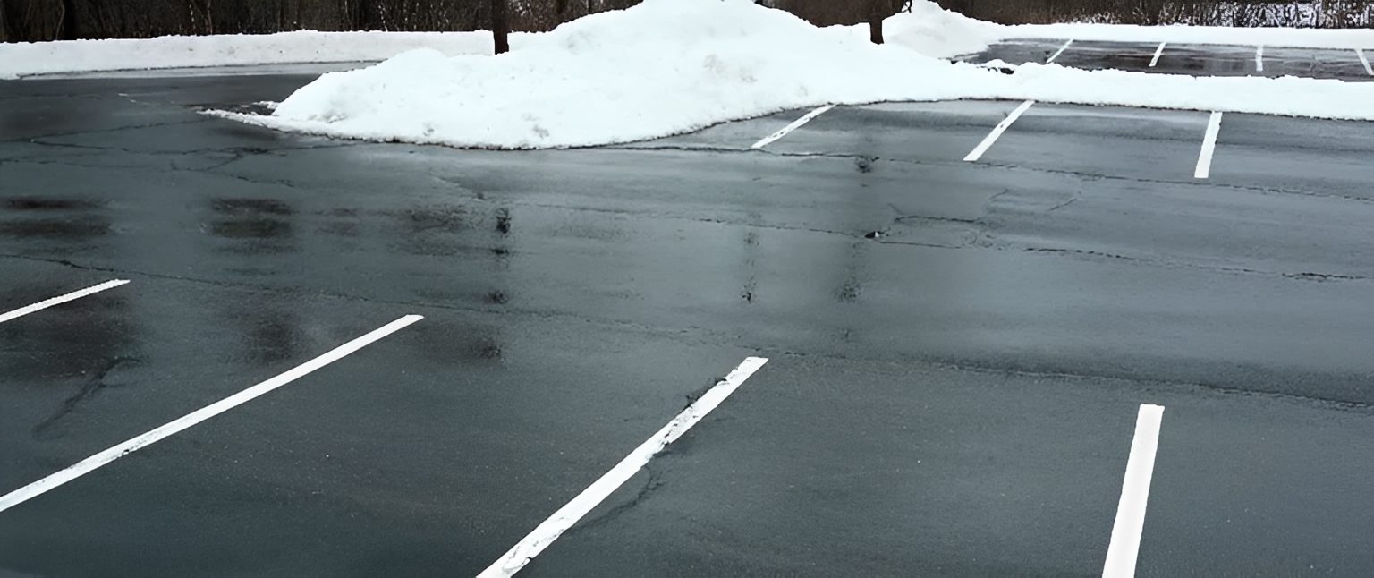 Empty parking lot with snow pile nearby.