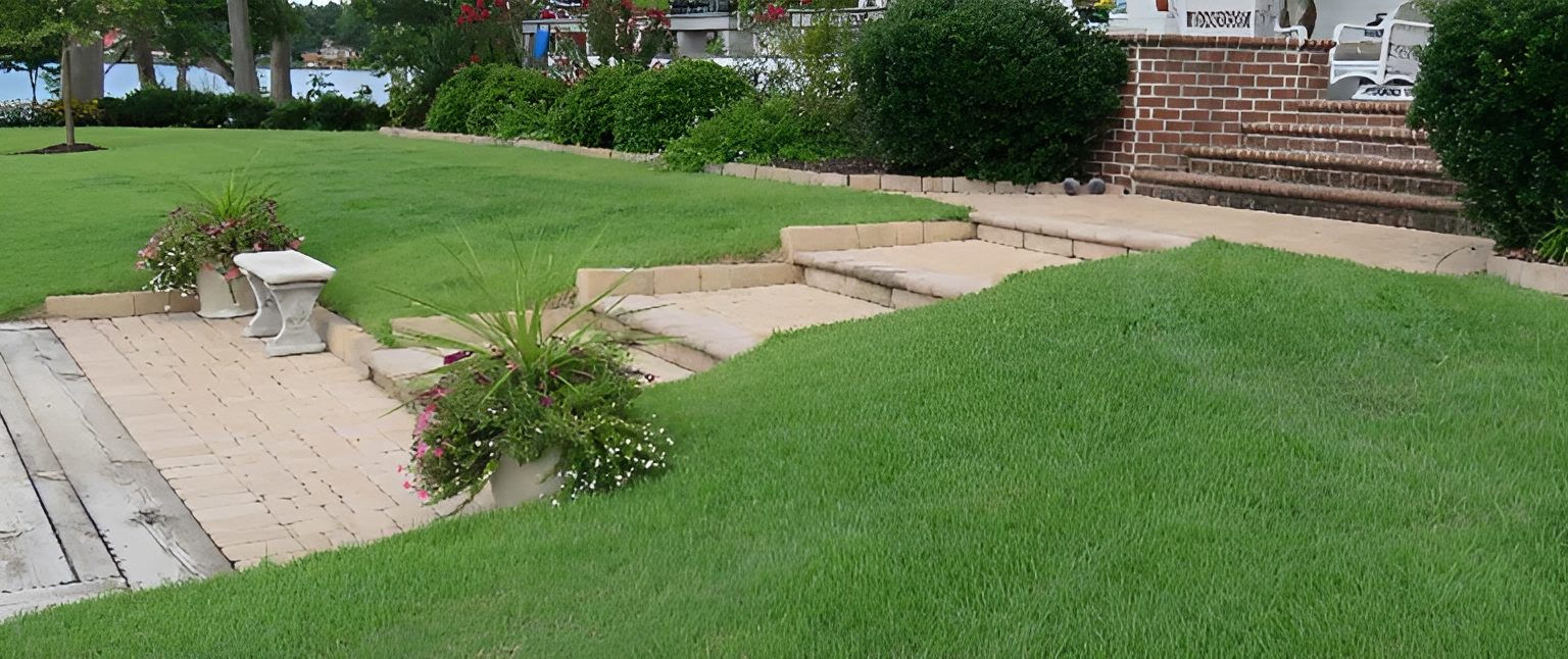 Garden with stone steps and green lawn.