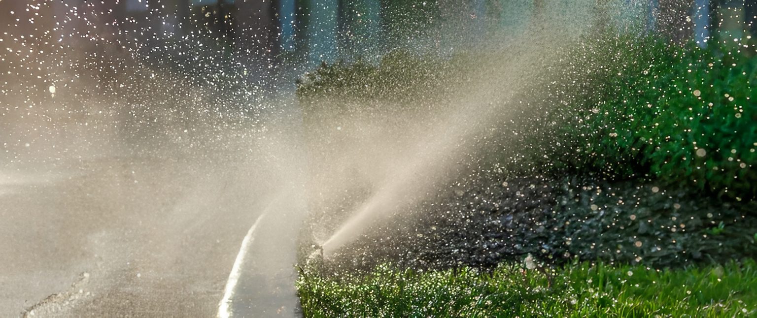 Sprinkler watering grass on a sunny day.