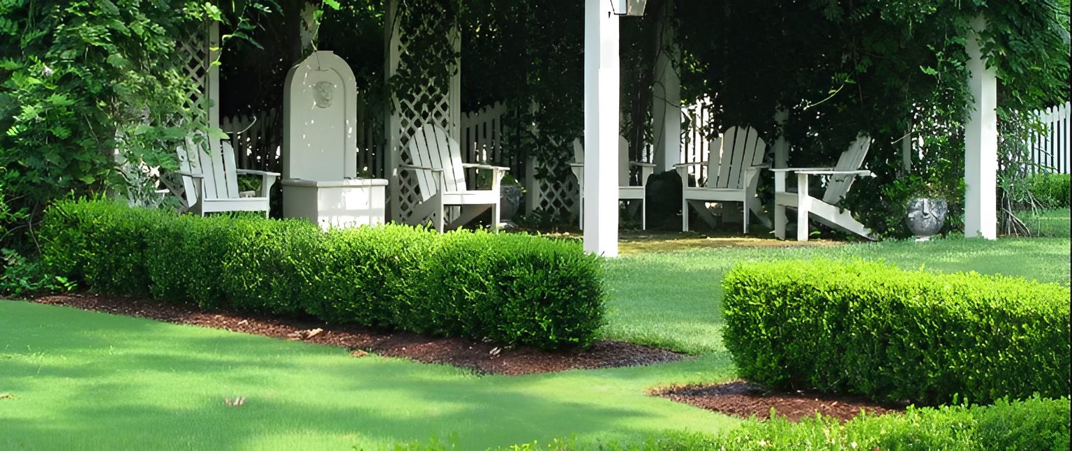 Garden seating area with green hedges.