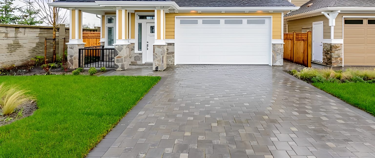 Modern house with paved driveway and lawn.